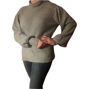 New Reunited Marled Gray Long Puff Sleeve Mock Neck Sweater Size Large NWT